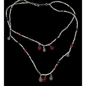 Handmade Layered Red Glass And Silver Tone Metal Beaded Necklace